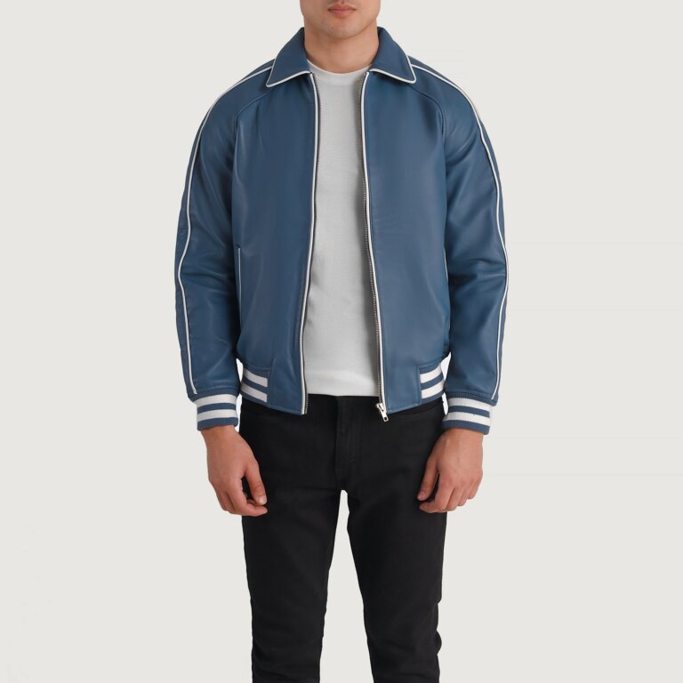 Mens Cooper Blue Leather Varsity Jacket Open Front-4-1704123138345